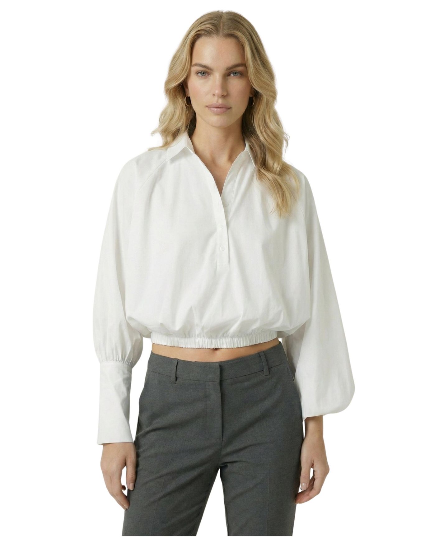 Женская блузка Modenaire Button-Front Cropped Long-Sleeve — фото 1