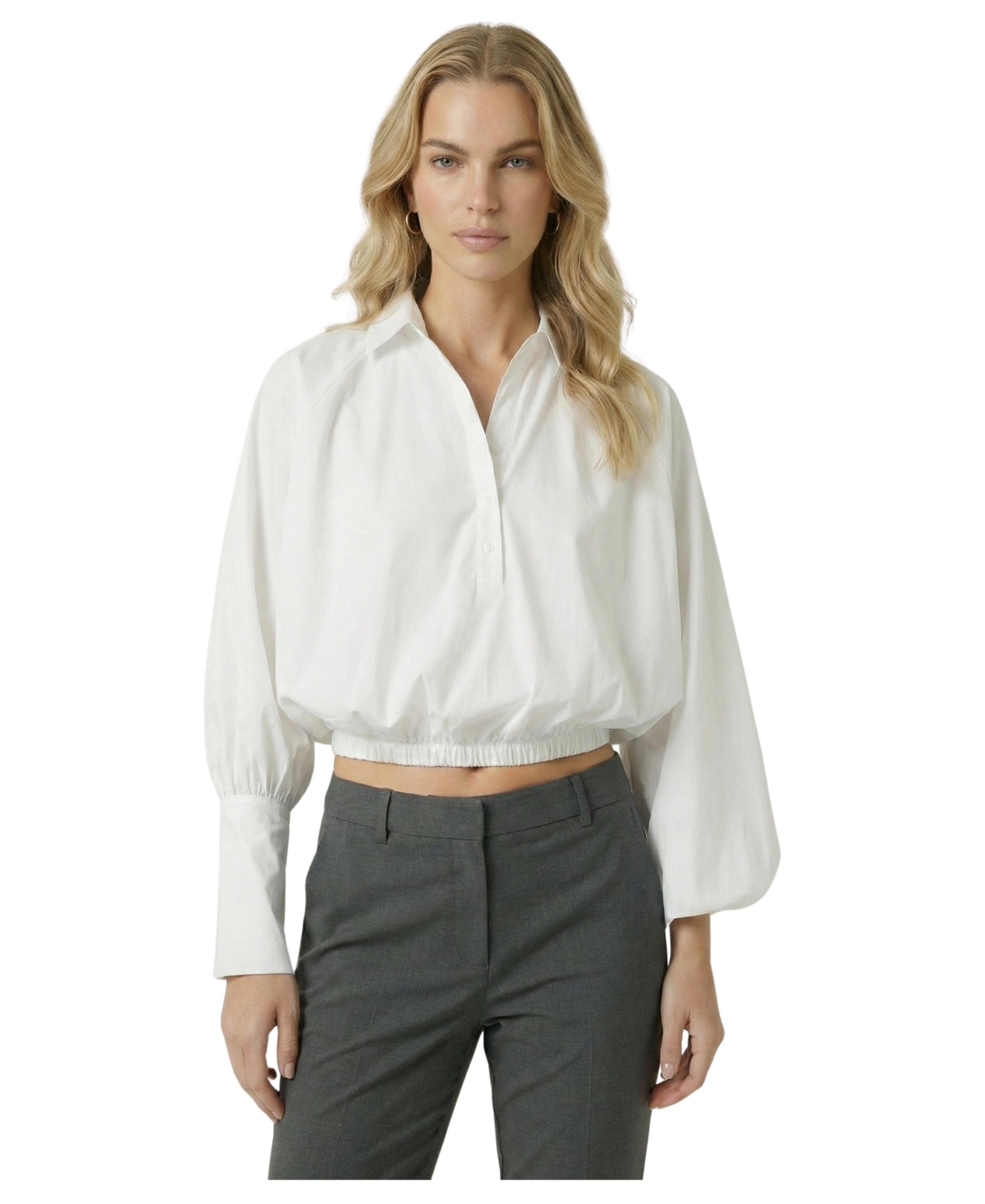 Modenaire Women's Button-Front Cropped Long-Sleeve Blouse
