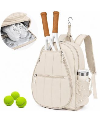 Quilted Tennis Sports Backpack With Racket Holder Wet Pocket Shoe Compartment