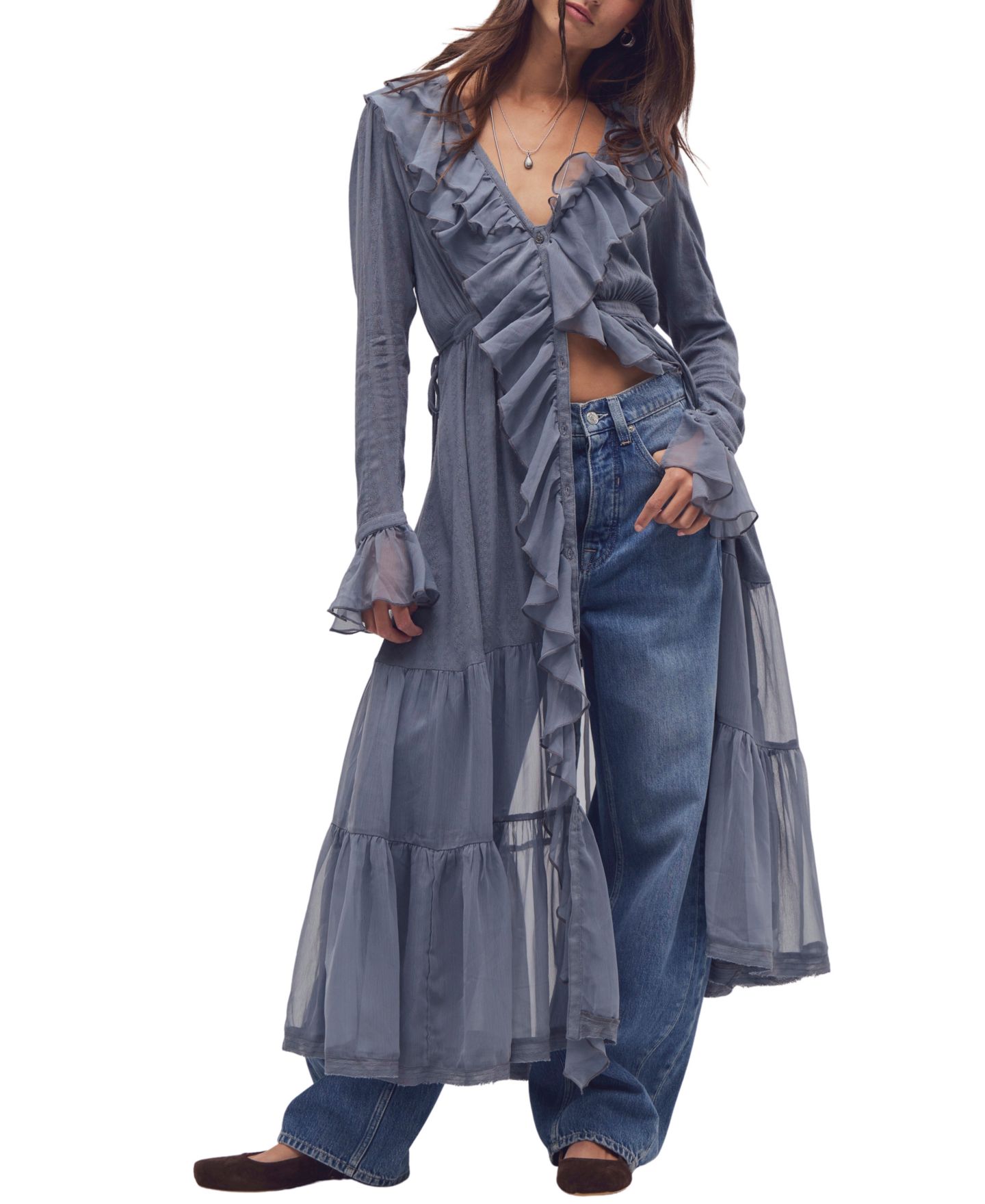 Женское платье Free People Isla A-Line Long-Sleeve Ruffle Midi, цвет: Серо-бежевый — фото 2