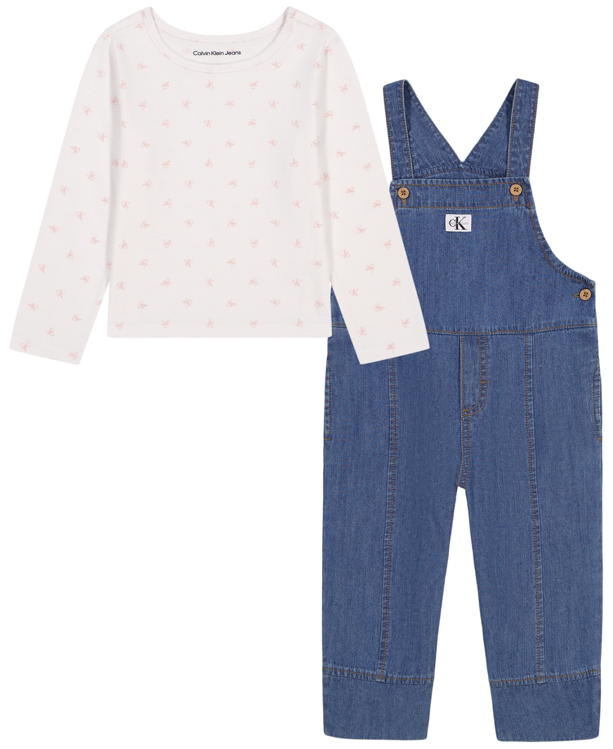 Calvin Klein Toddler 2T-6X Girls, 2 piece Overall Set - Denim/White