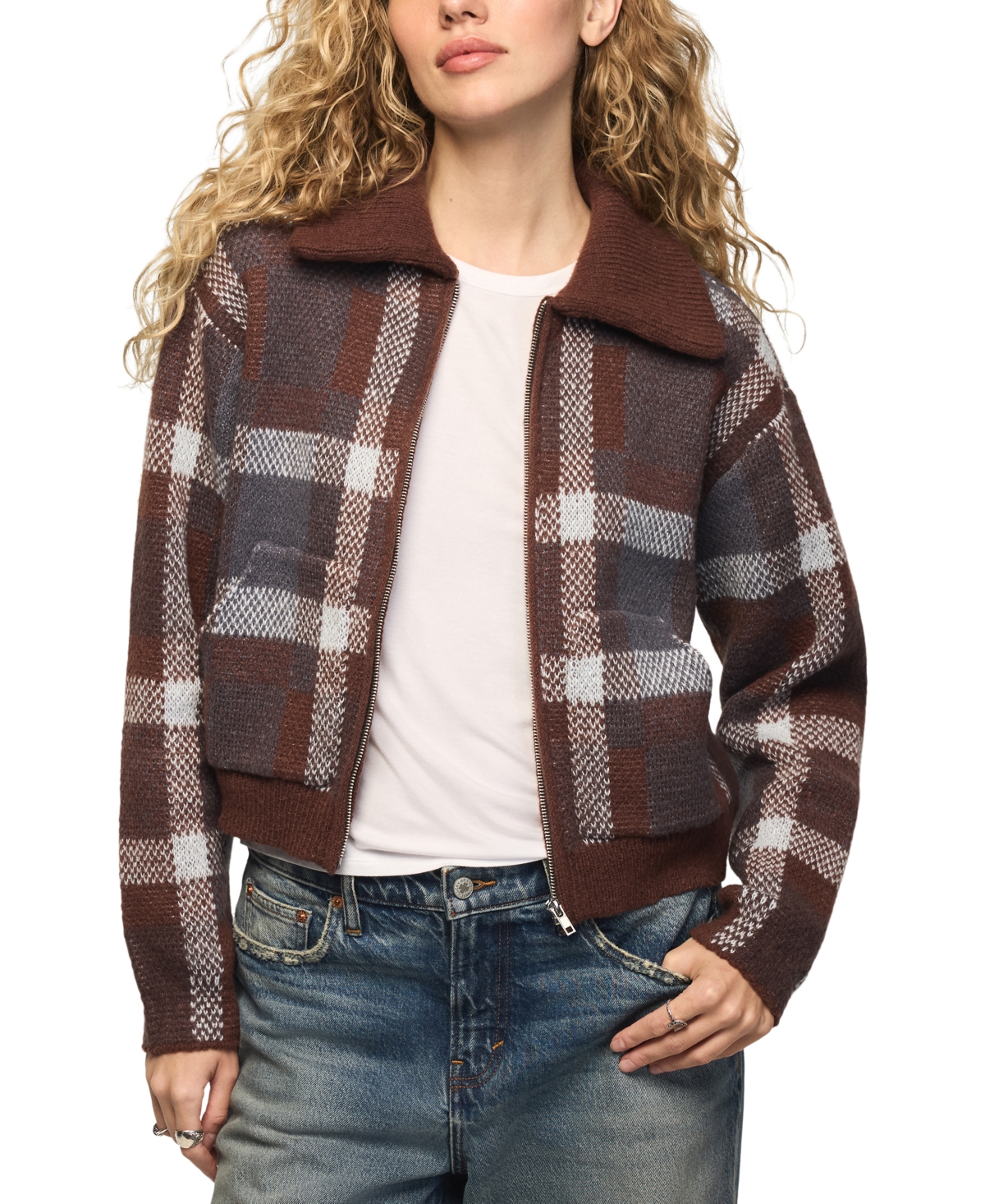 Lucky Brand Women's Plaid Long-Sleeve Loose-Fit Bomber Sweater