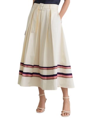 Women's Stripe Hem Pleated Midi High-Waisted Skirt