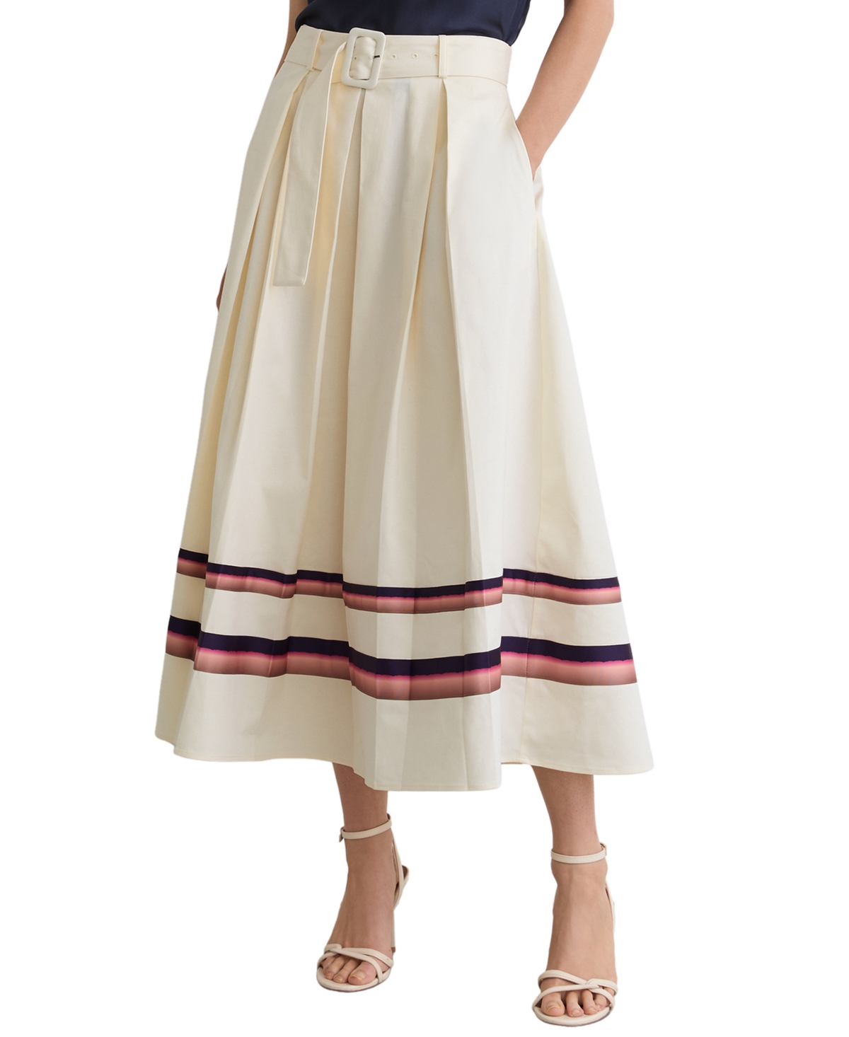 Reiss Women's Stripe Hem Pleated Midi High-Waisted Skirt