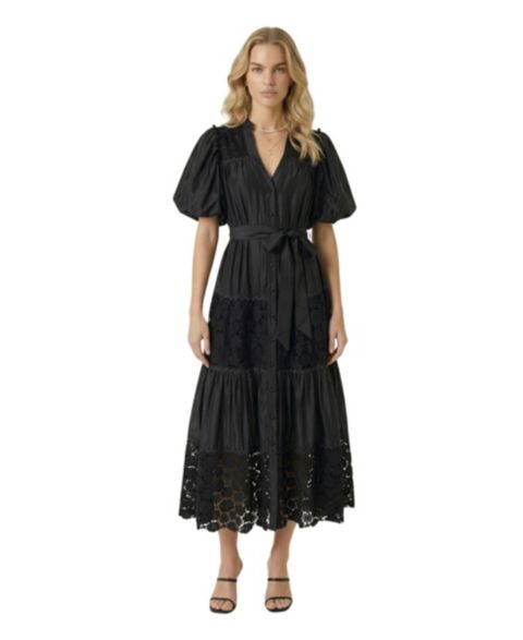 Женское платье Modenaire V-Neck Puff-Sleeve Lace-Panel Midi, цвет: Чёрный