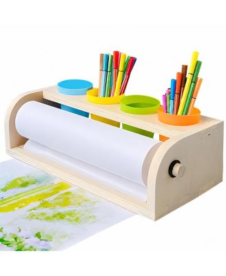 Wooden Tabletop Paper Roll Dispenser With Art Supplies Holder For Kids Home Classroom