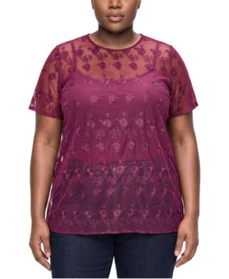 Plus Size Abbey Embroidered Mesh Scoop Neck Blouse