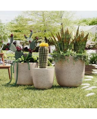 Set of 3 Lightweight Concrete-Style MGO Matte Round Planters with Drainage Plug