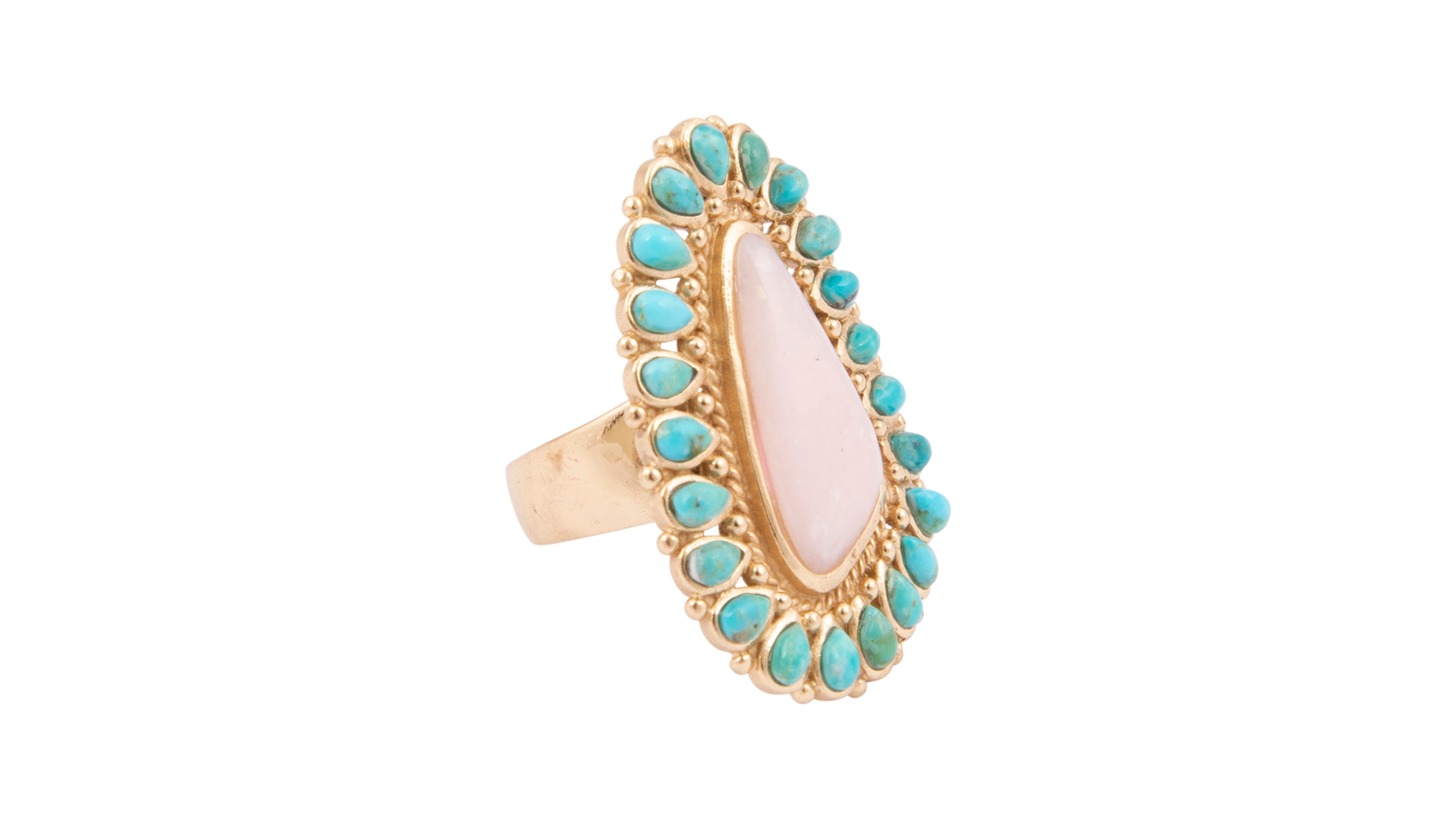 Barse Genuine Pink Opal and Blue Turquoise Cactus Rose Statement Ring