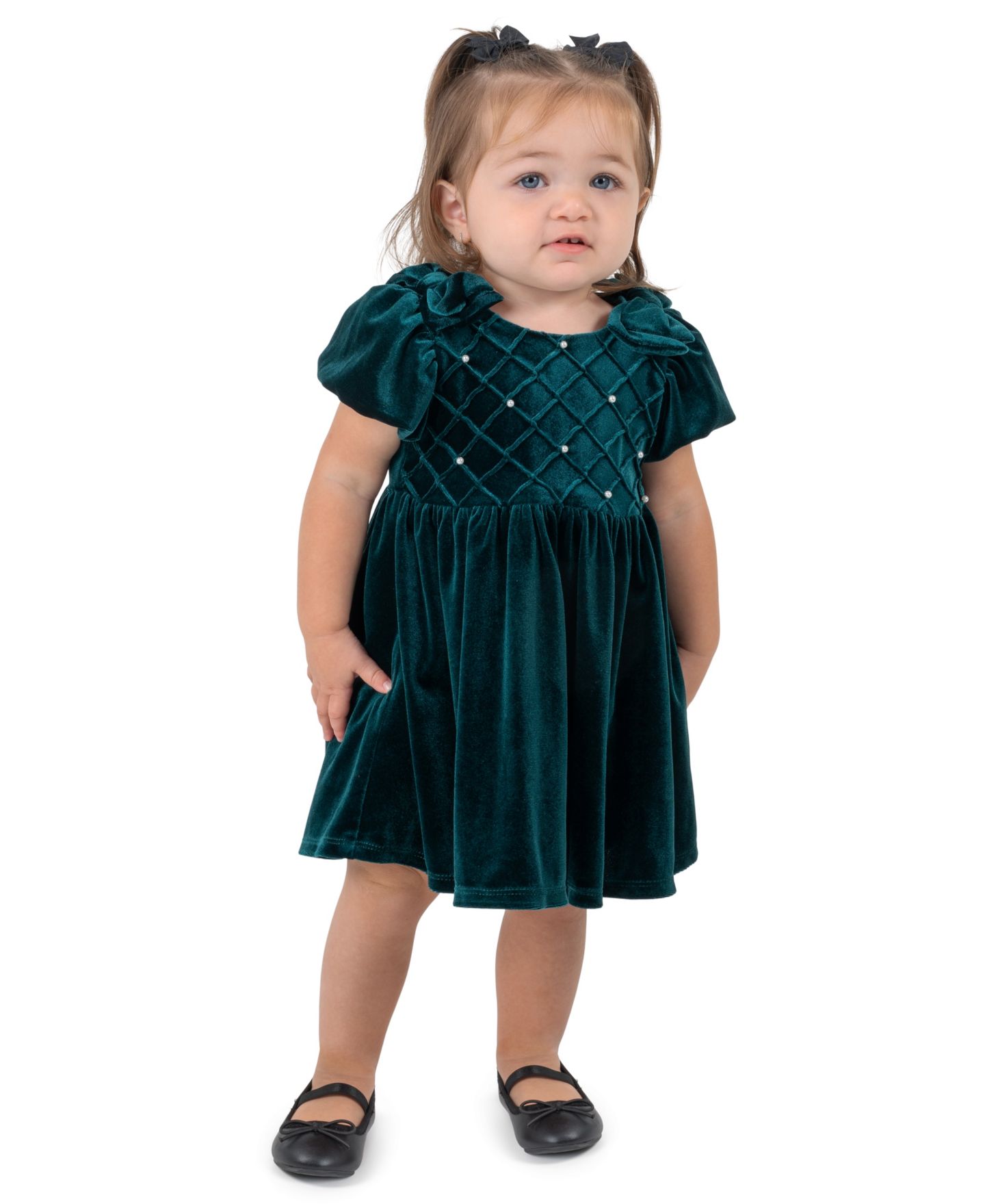 Rare Editions Baby Girls' Velvet Pintuck with Imitation Pearl Embellishments Puff-Sleeve Dress and Bloomer, 2-Piece Set, цвет: Тёмно-зелёный — фото 1