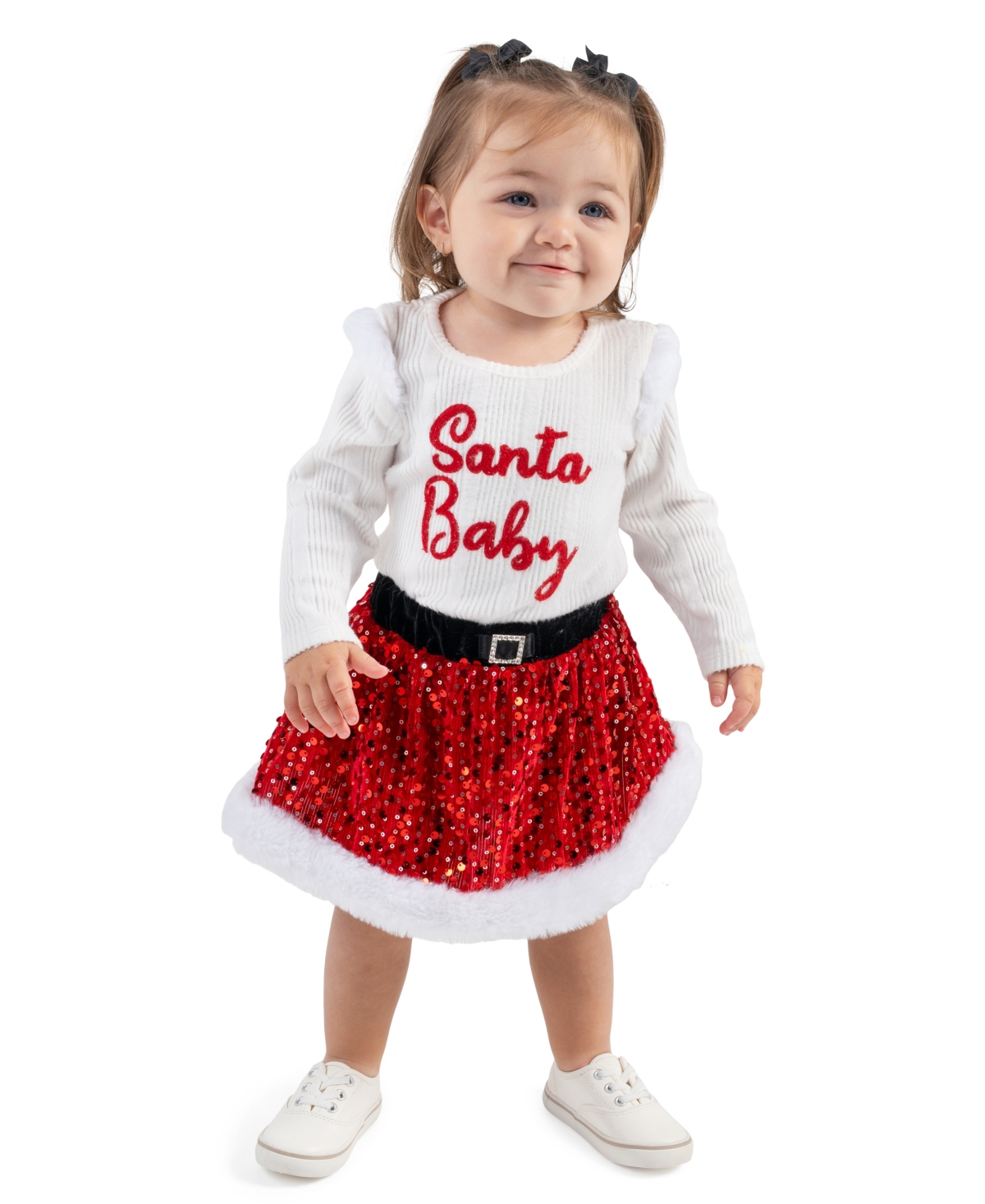Rare Editions Baby Girls' Santa Baby Long-Sleeve Top and Velvet Skirt, 2-Piece Set - White