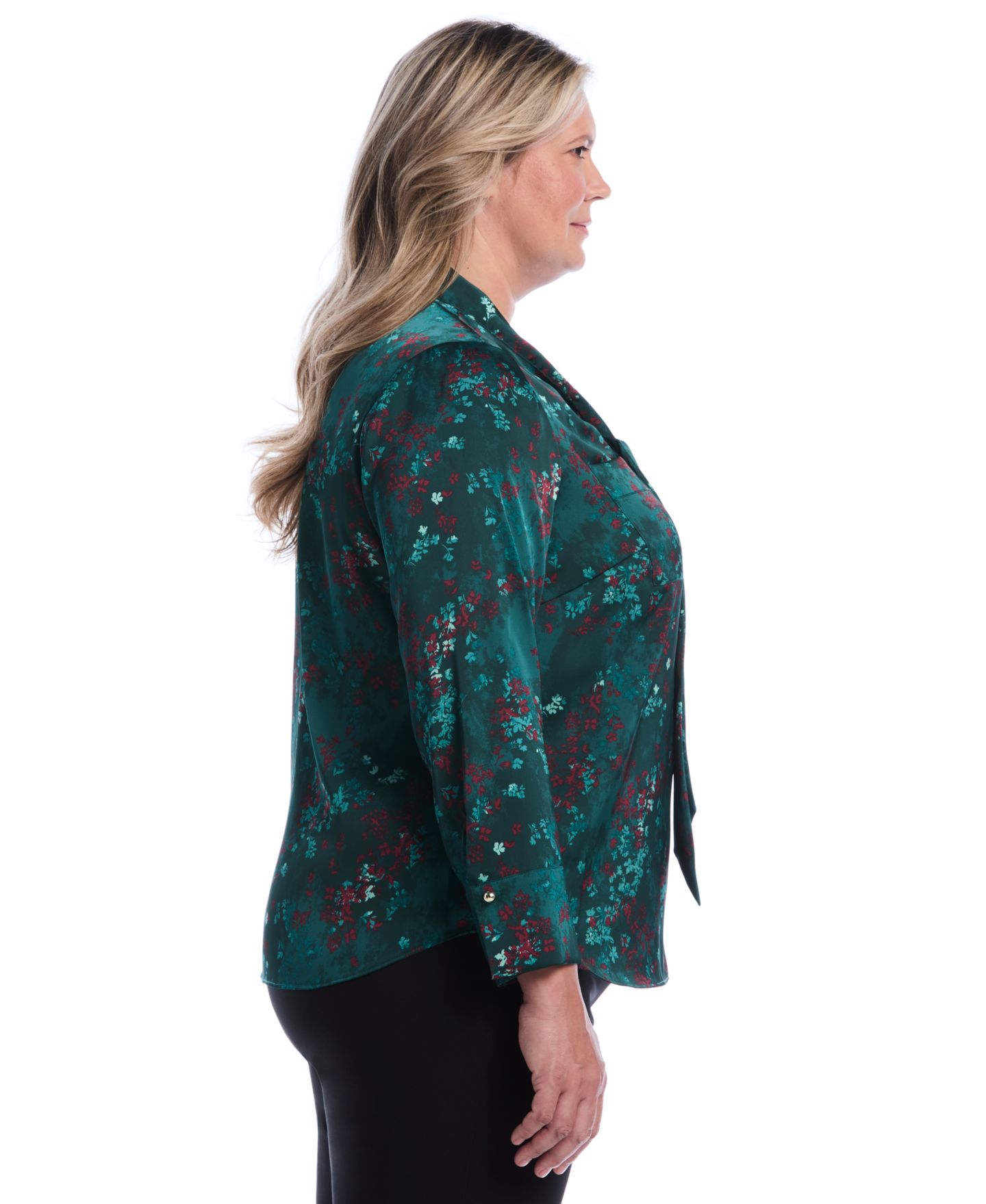 Женская блузка Rafaella Plus Size Long-Sleeve Satin Floral-Print, цвет: Сосновый — фото 4