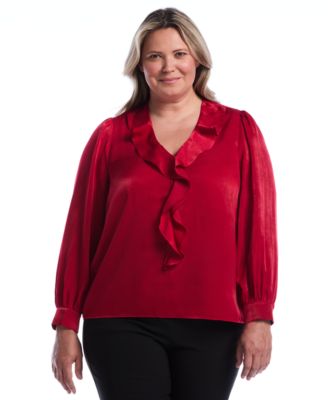 Plus Size Puff-Sleeve Ruffle V Blouse