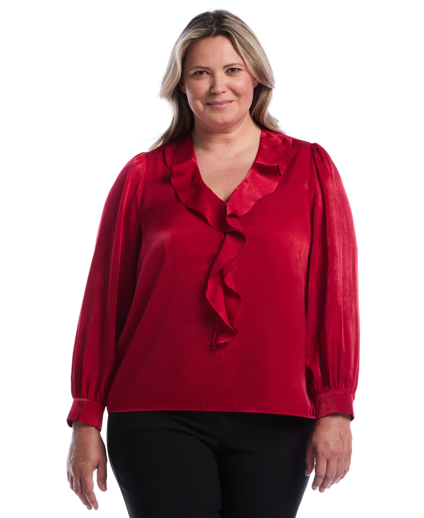 Женская блузка Rafaella Plus Size Puff-Sleeve Ruffle V, цвет: Красный — фото 1