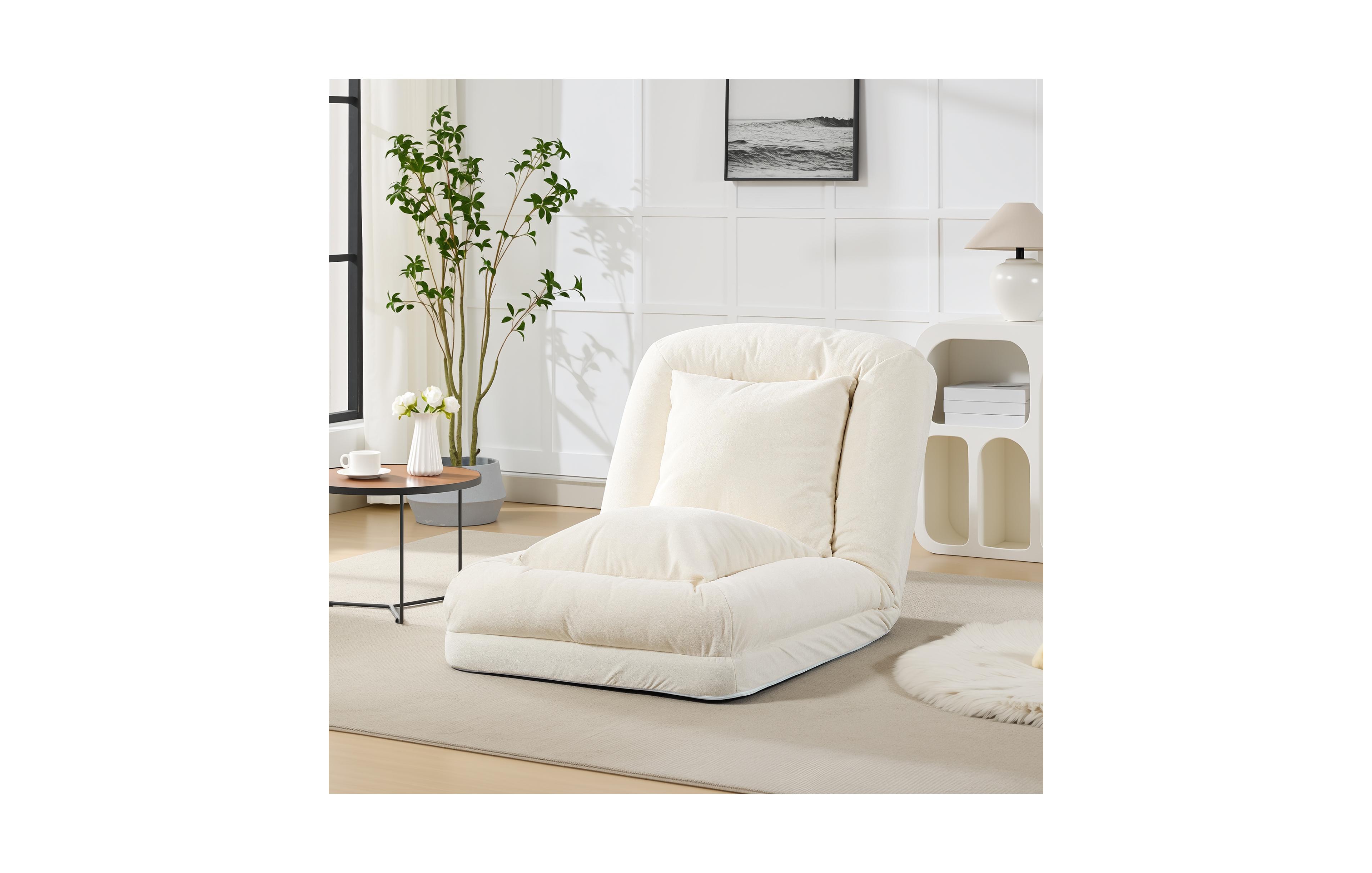 Convertible Floor Lounge Chair Sofa Bed for Adults and Pets, 5-Position Adjustable Backrest, Chenille Upholstery, Metal Frame, 2 Pillows, 6 Colors