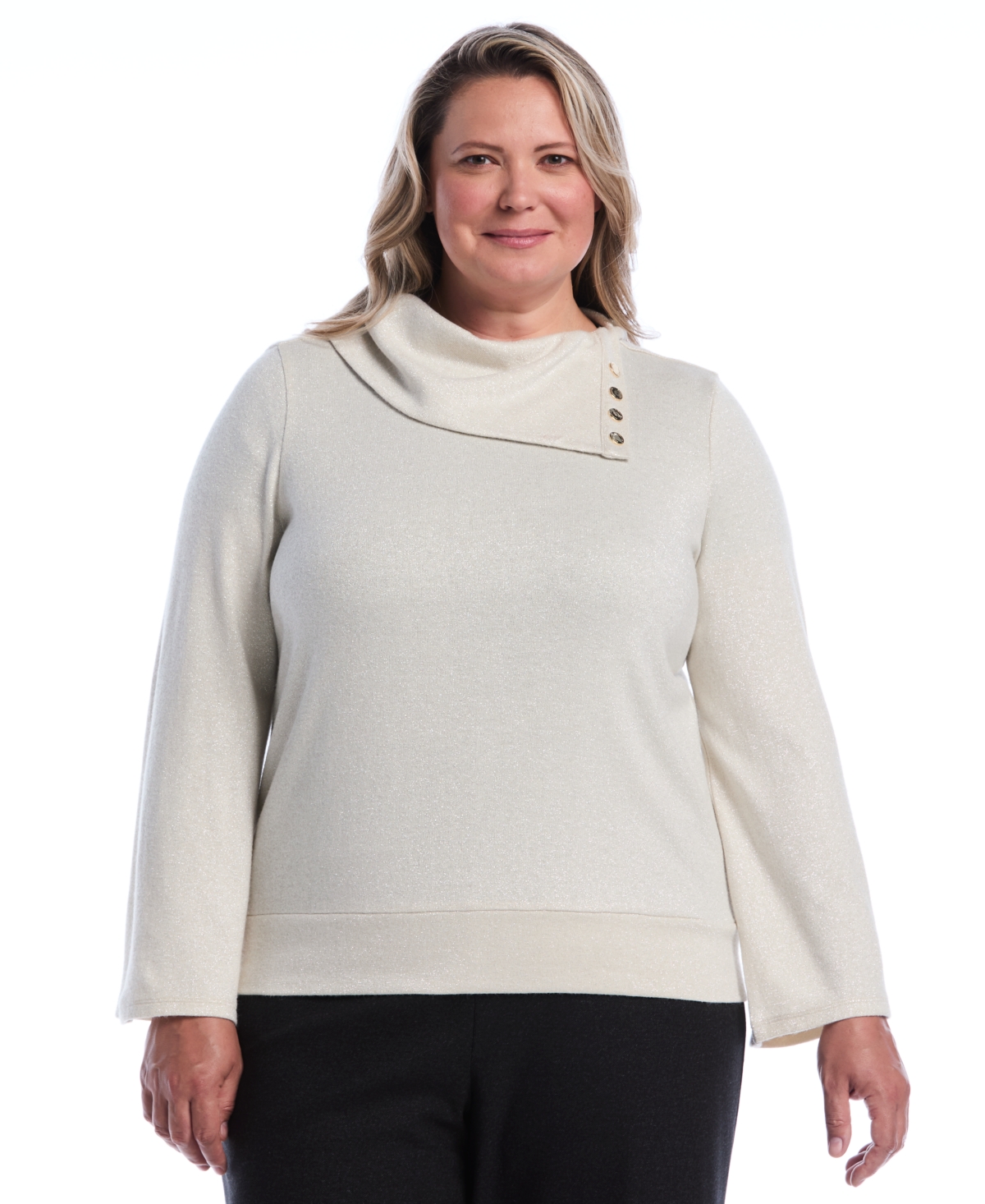 Rafaella Women's Plus Size Cowl Neck Lurex Top in White Swan, Size 3X, Viscose/Polyester/Nylon