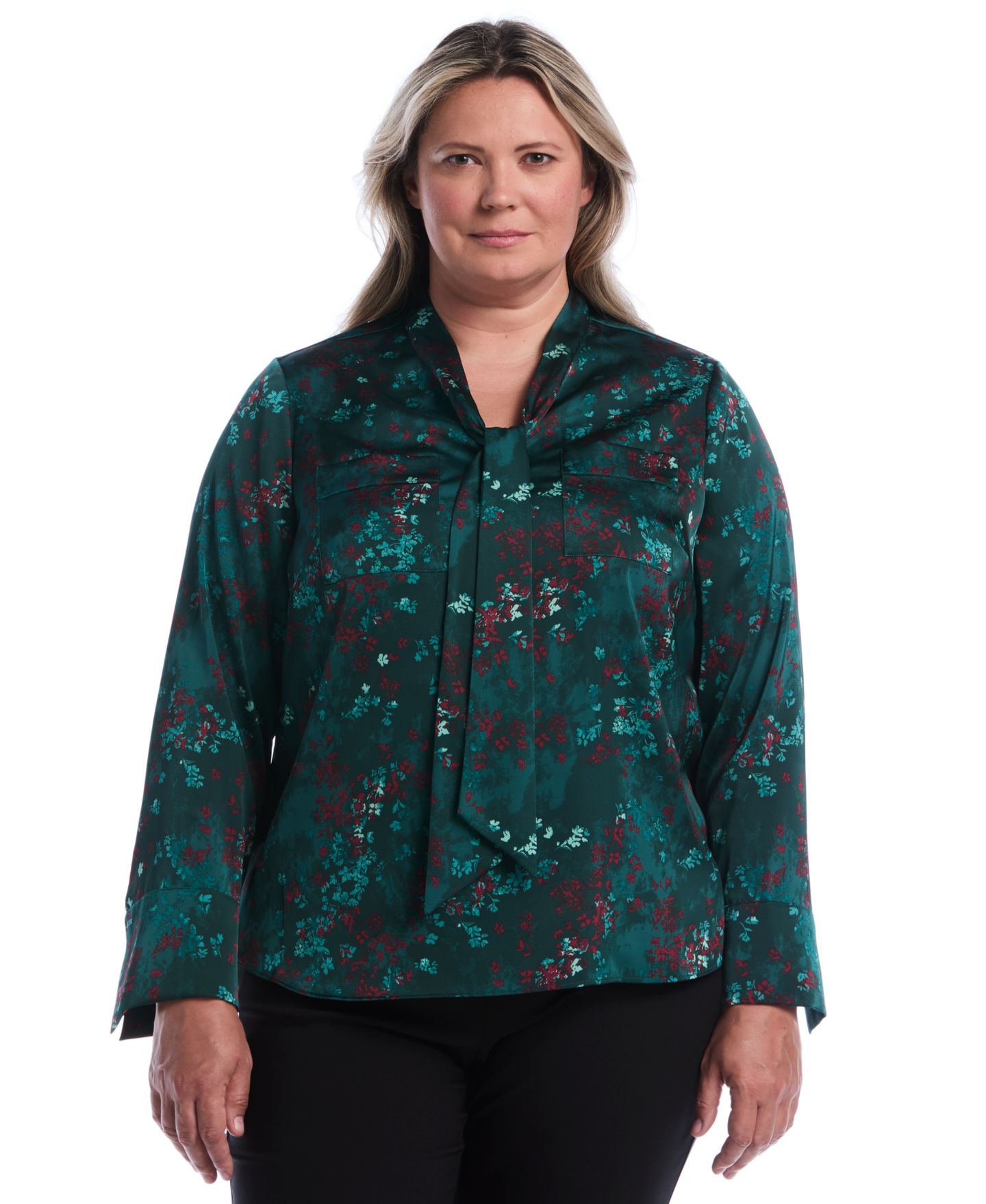 Женская блузка Rafaella Plus Size Long-Sleeve Satin Floral-Print, цвет: Сосновый — фото 3