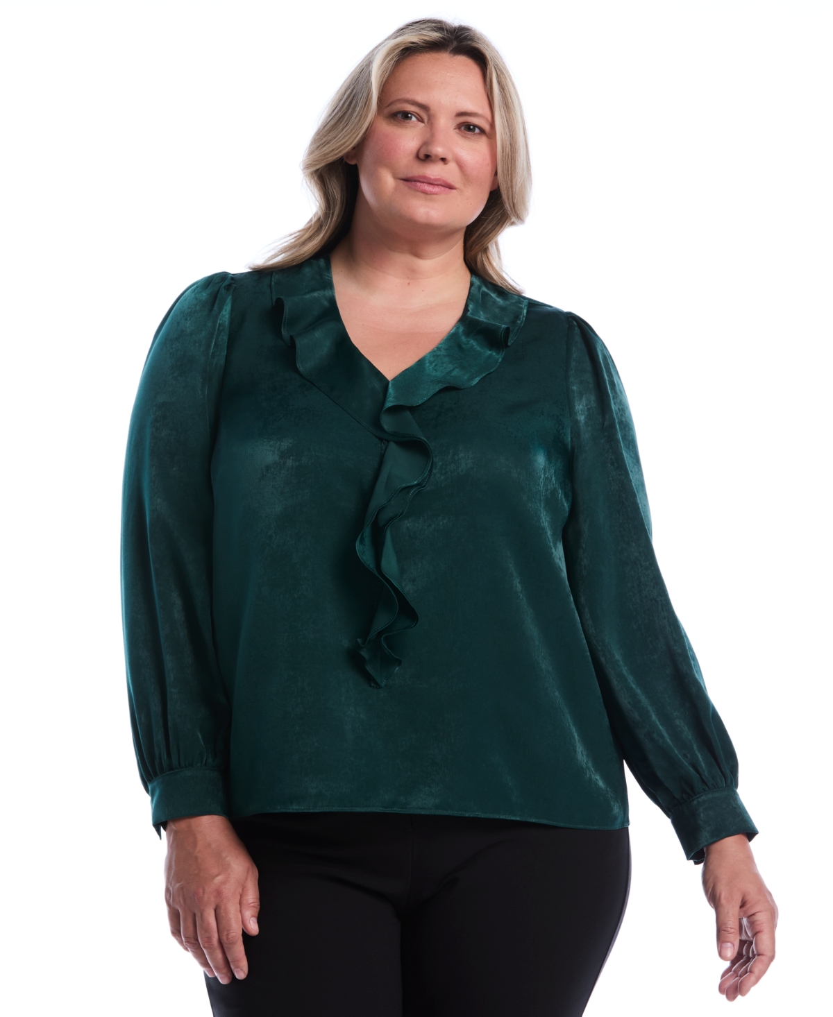 Rafaella Women's Plus Size Ruffle V-Neck Blouse in Ponderosa Pine, Size 3X, 100% Polyester