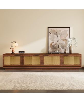 78.74" Walnut 4 Door PE Rattan Legless TV Stand Large Hidden Storage Media Console For 85" TV