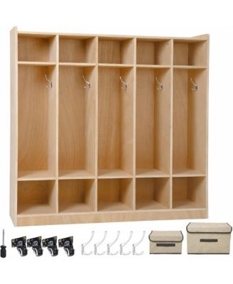 5-Section Classroom Storage Cabinet with Coat Locker, Backpack Hanger, 5 Metal Hooks, 2 Top Storage Boxes, and 4 Lockable Casters