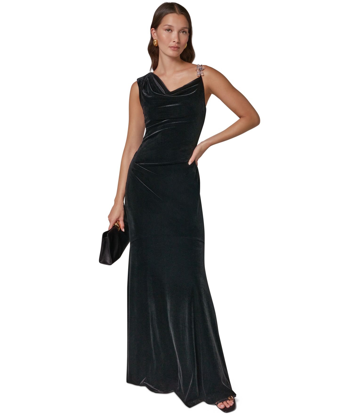 Женское платье Donna Karan New York Crystal-Beaded Cowl Neck Ruched Velvet Gown, цвет: Чёрный — фото 1
