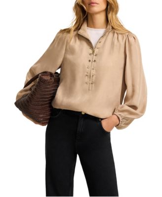 Women's Puff Shoulder Long Blouson Sleeve Blouse