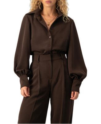 Women's Long-Sleeve Puff-Sleeve Point-Collar Button-Front Shirt