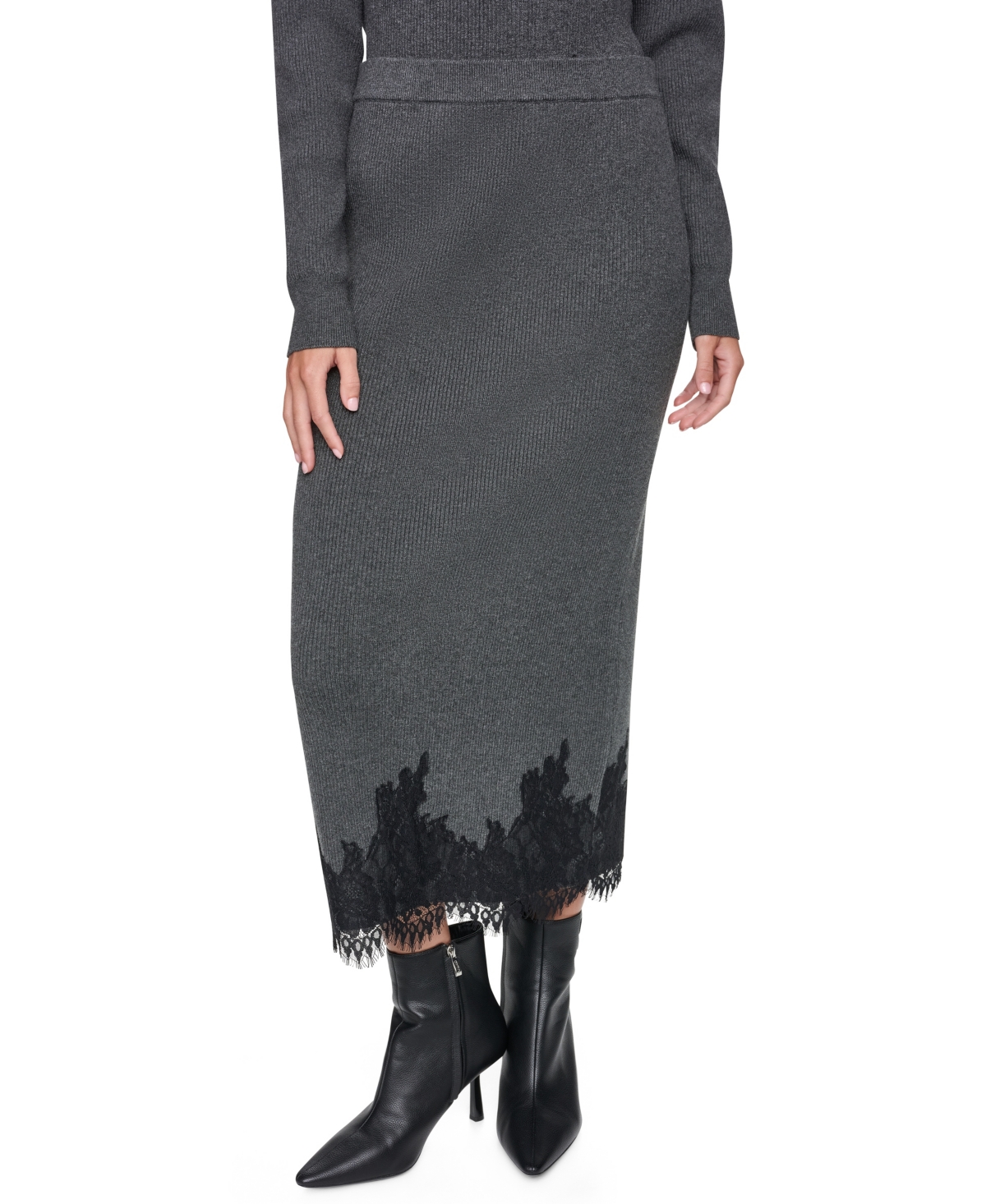 Dkny Womens Lace Trim Long Sleeve Loose Fit Sweater Lace Trim High Waisted Midi Skirt