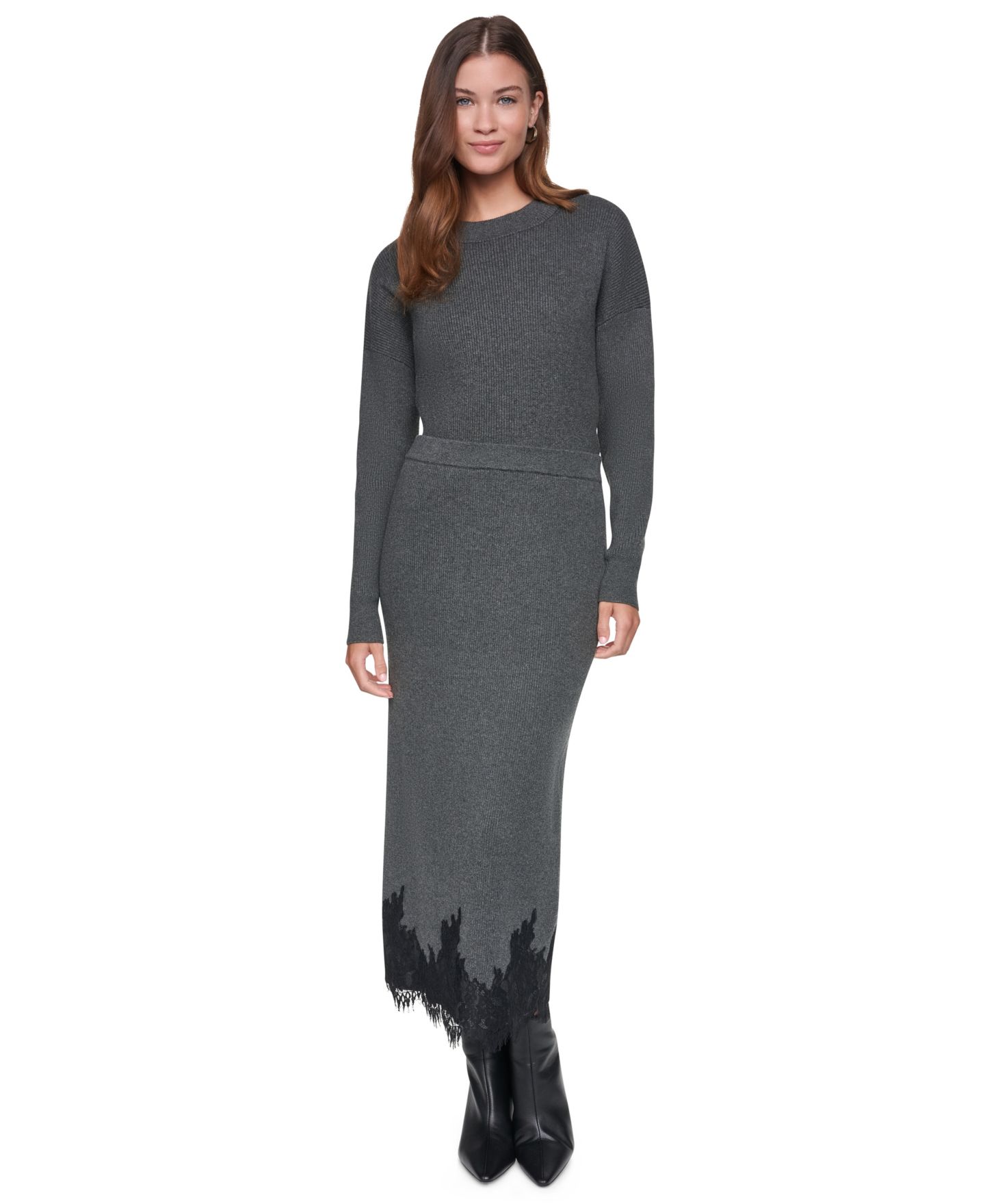 Женская юбка DKNY Lace-Trim High-Waisted Midi, цвет: Асфальтовый — фото 3