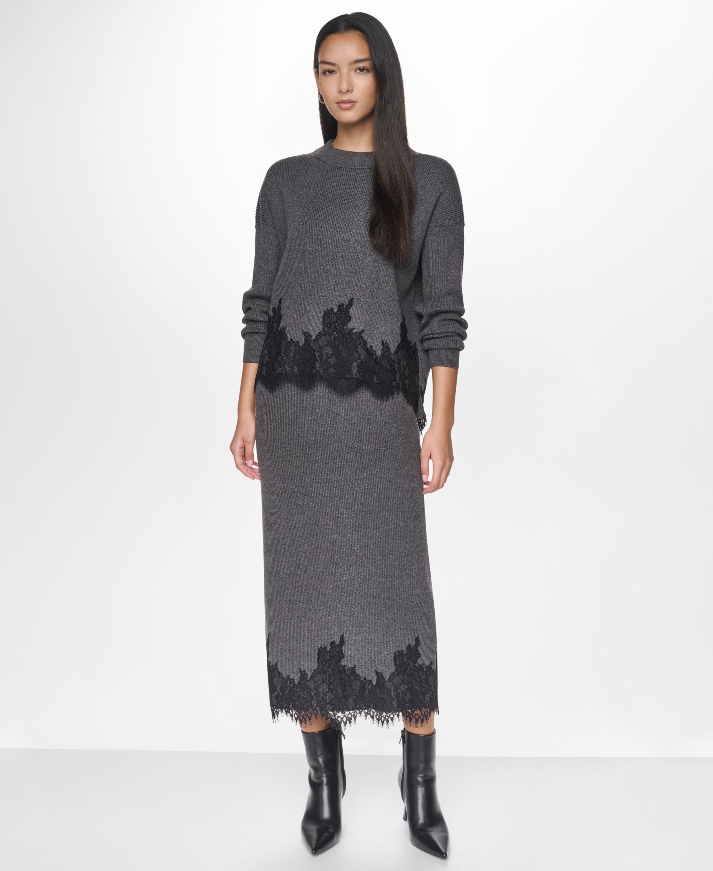 Женский свитер DKNY Lace-Trim Long-Sleeve Loose-Fit, цвет: Асфальтовый — фото 6