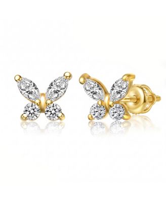 Dainty Sterling Silver 14K Gold Plated CZ Butterfly Stud Earrings