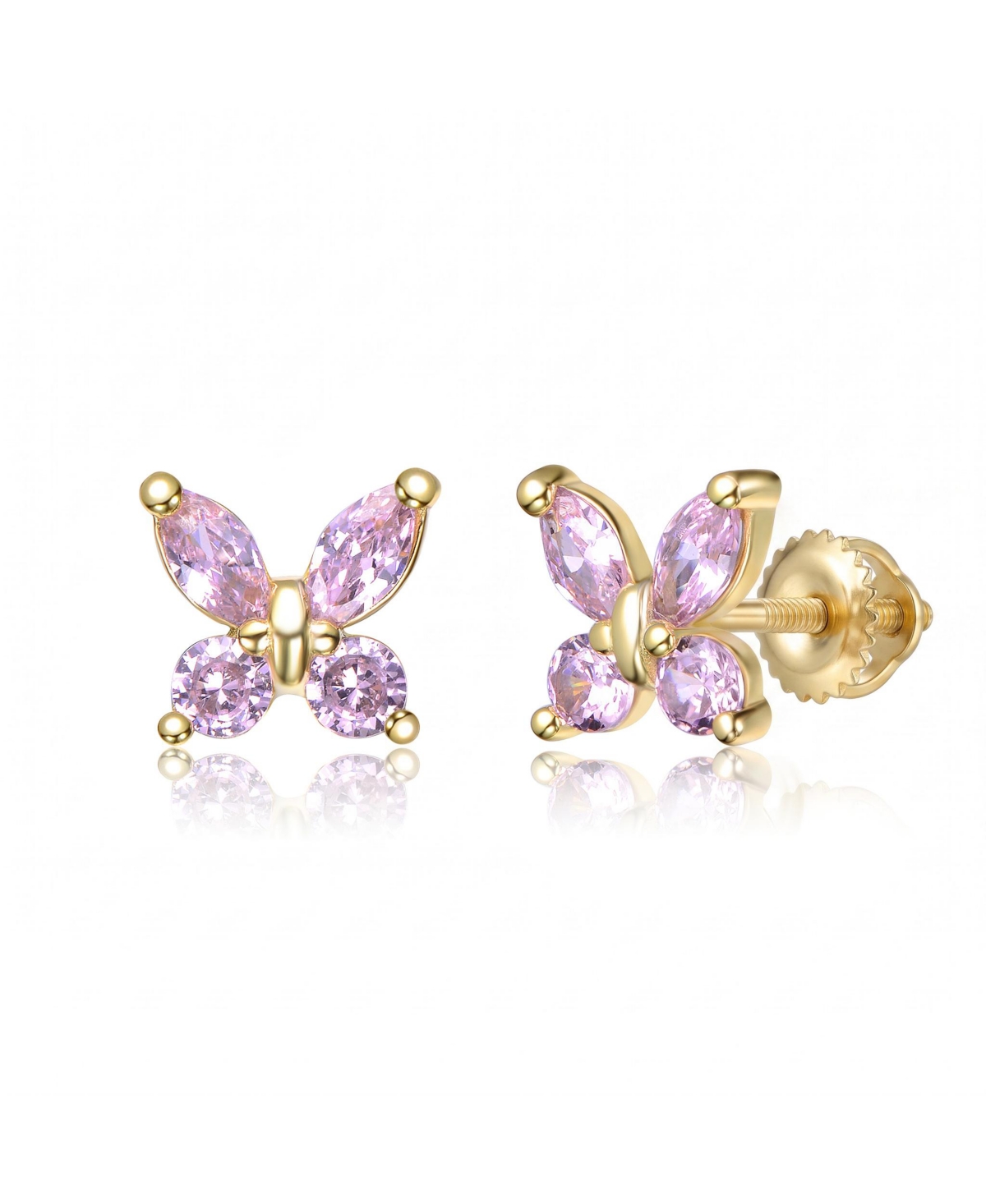 GiGiGirl Dainty Sterling Silver 14K Gold Plated Cz Butterfly Stud Earrings - Pink
