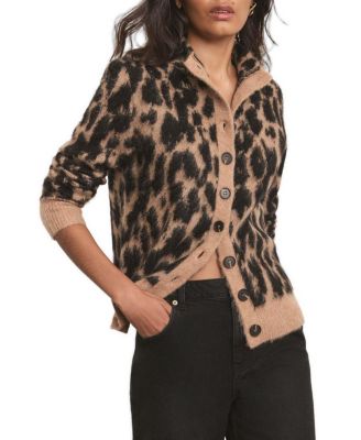 Women's Animal-Print Fuzzy-Knit Funnel-Neck Cardigan