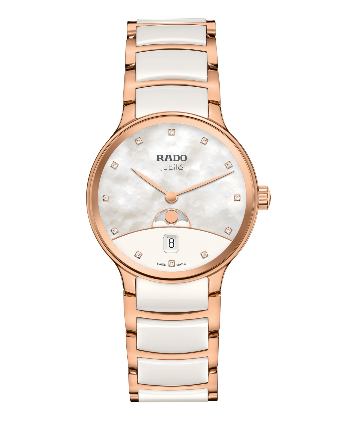Rado Women's Centrix Moonphase Swiss Quartz Stainless Steel and Ceramic Bracelet Watch, 35.0mm - White -WhiteRose Gold