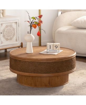 31.5" Round Retro Coffee Table With Flip-top Cover and Hemp Rope and Rattan