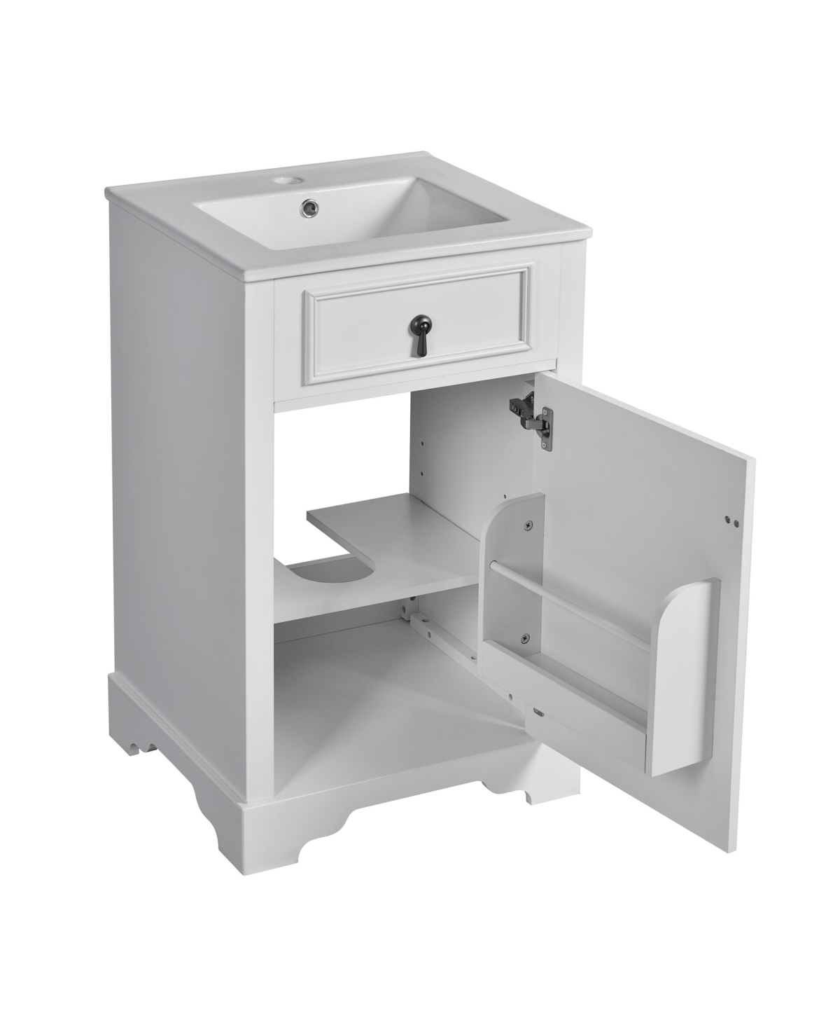 Sillysis 20 Inch Freestanding Bathroom Vanity, Mdf Cabinet with Solid Wood Frame, Ceramic Integrated Sink, Door-Mounted Organizer, Assembly Required -
