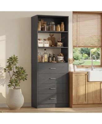 80" Tall Kitchen Storage Cabinet with 4-Drawers and Shelves, Wooden Pantry Cabinet