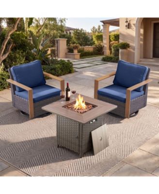 3 Pieces Patio Furniture Set with Fire Pit Table,Rattan Swivel Rocker Chairs Set with Comfy Cushion