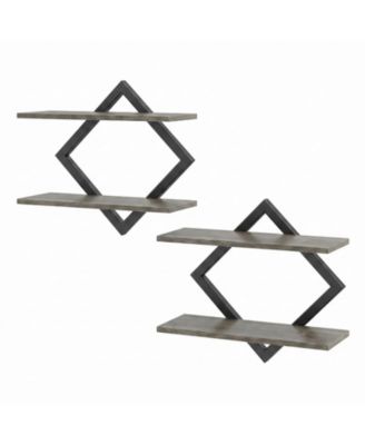 15 Inch 2-Piece 2-Tier Engineered Wood and Metal Geometric Wall Shelf Set