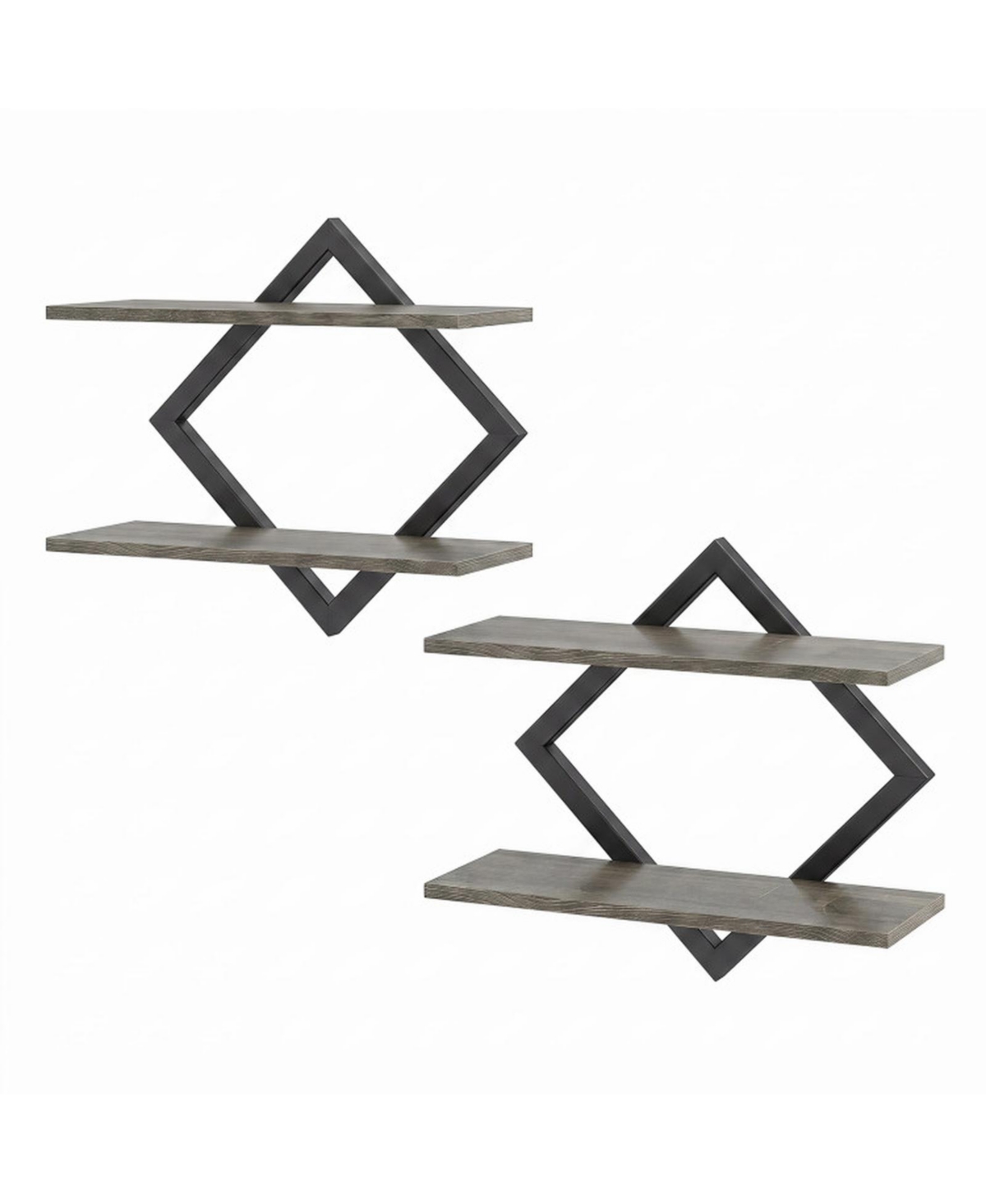 Gouun 15 Inch 2-Piece 2-Tier Engineered Wood and Metal Geometric Wall Shelf Set