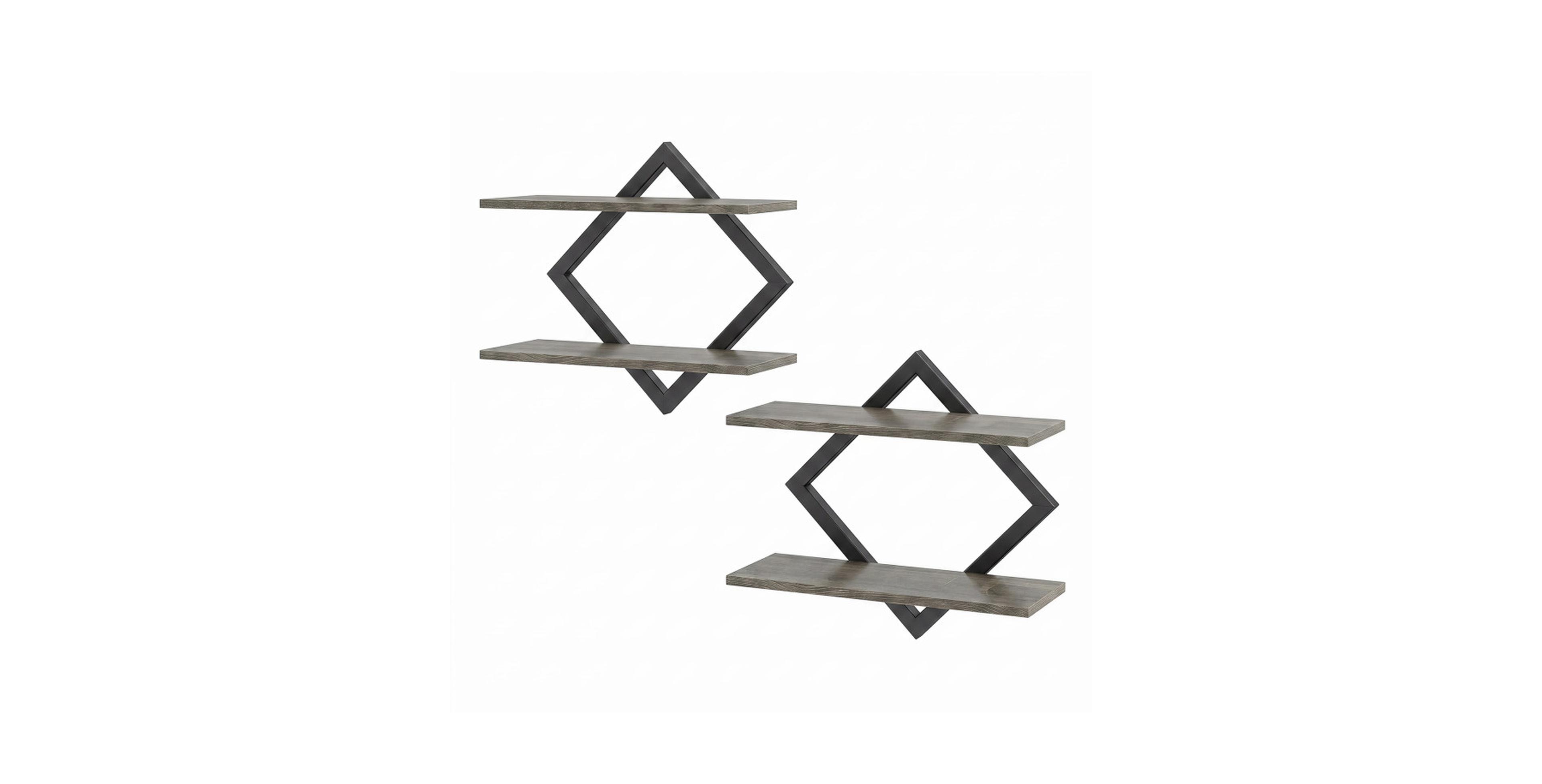 Gouun 15 Inch 2-Piece 2-Tier Engineered Wood and Metal Geometric Wall Shelf Set