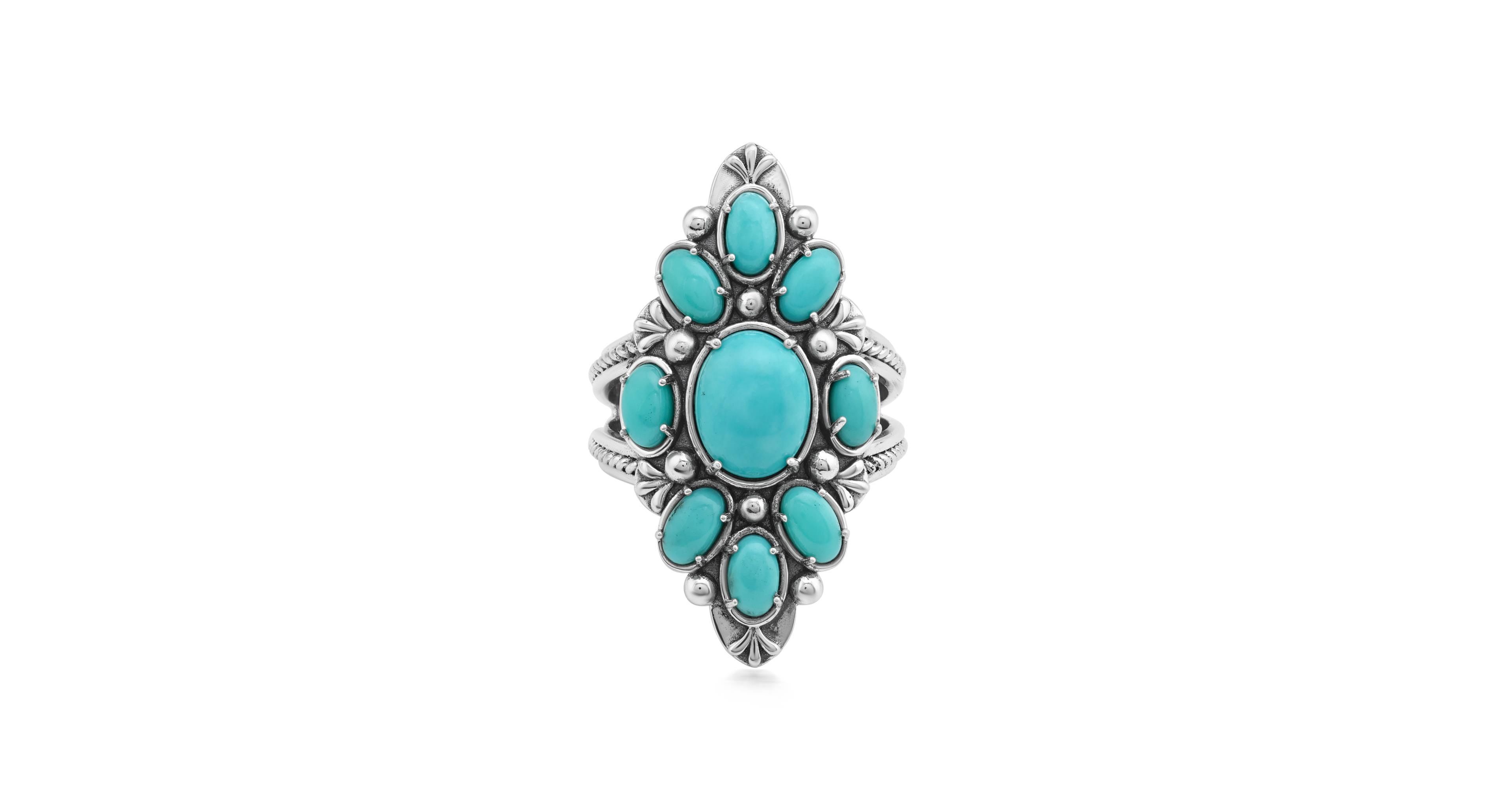 American West Jewelry Kingman Turquoise Marquise-Shaped Cluster Ring Sterling Silver