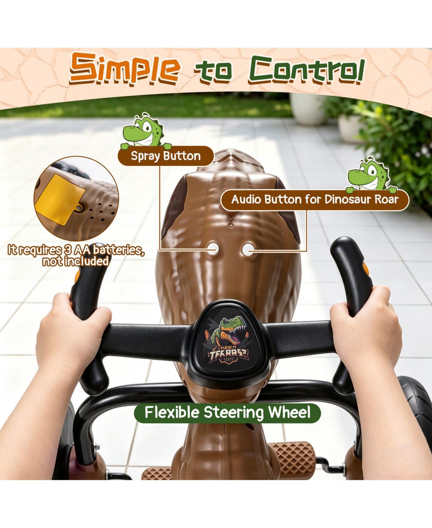 Детская игрушка Costway Dinosaur Drift Tricycle with Lights & Mist Spray, 66 lb. Capacity, Ages 3-8, цвет: Коричневый — фото 6