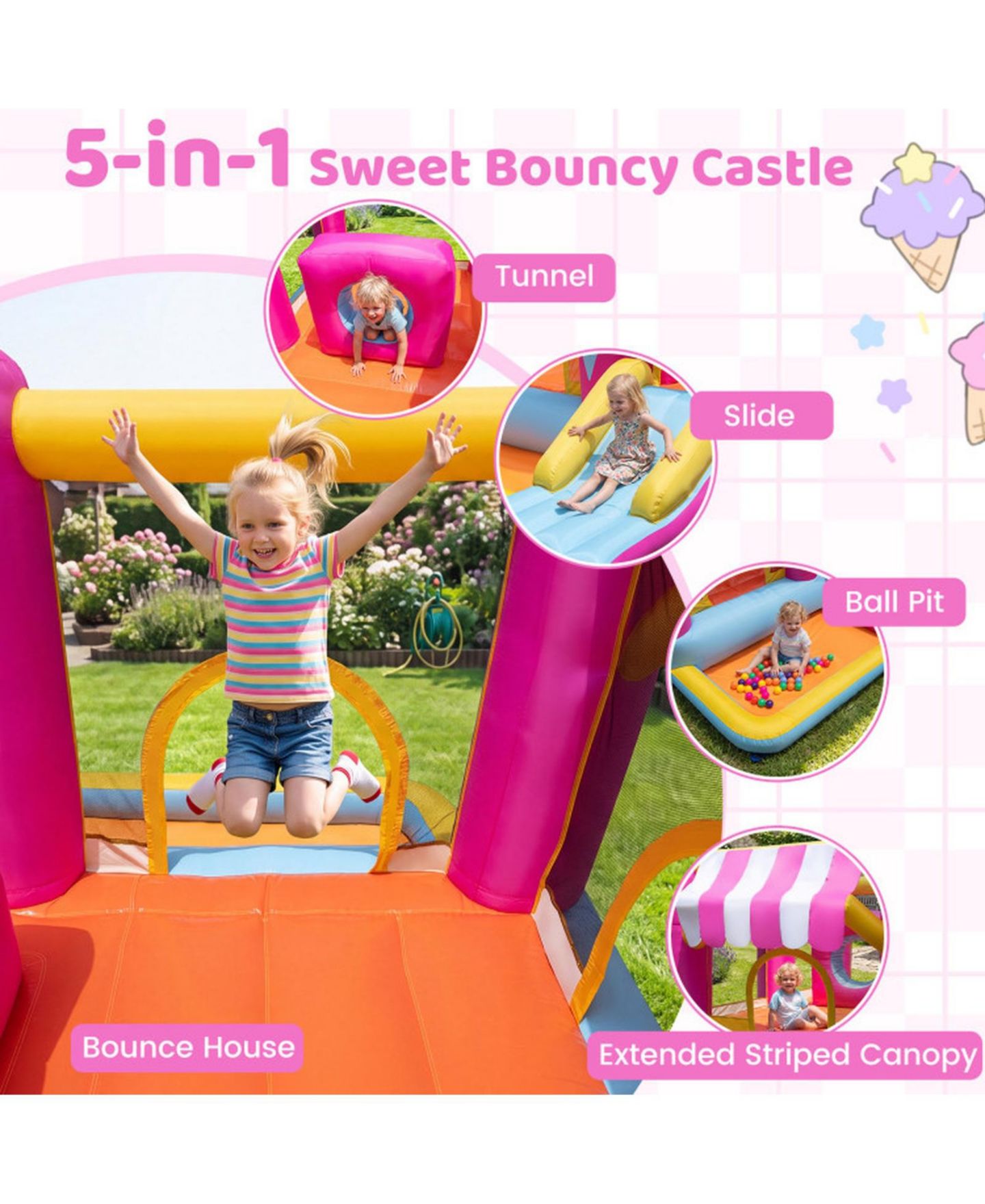 Детская игрушка SUGIFT 5-in-1 Inflatable Bounce House with Tunnel and Slide, Supports 2 Children, Ages 3-12, цвет: Розовый — фото 4