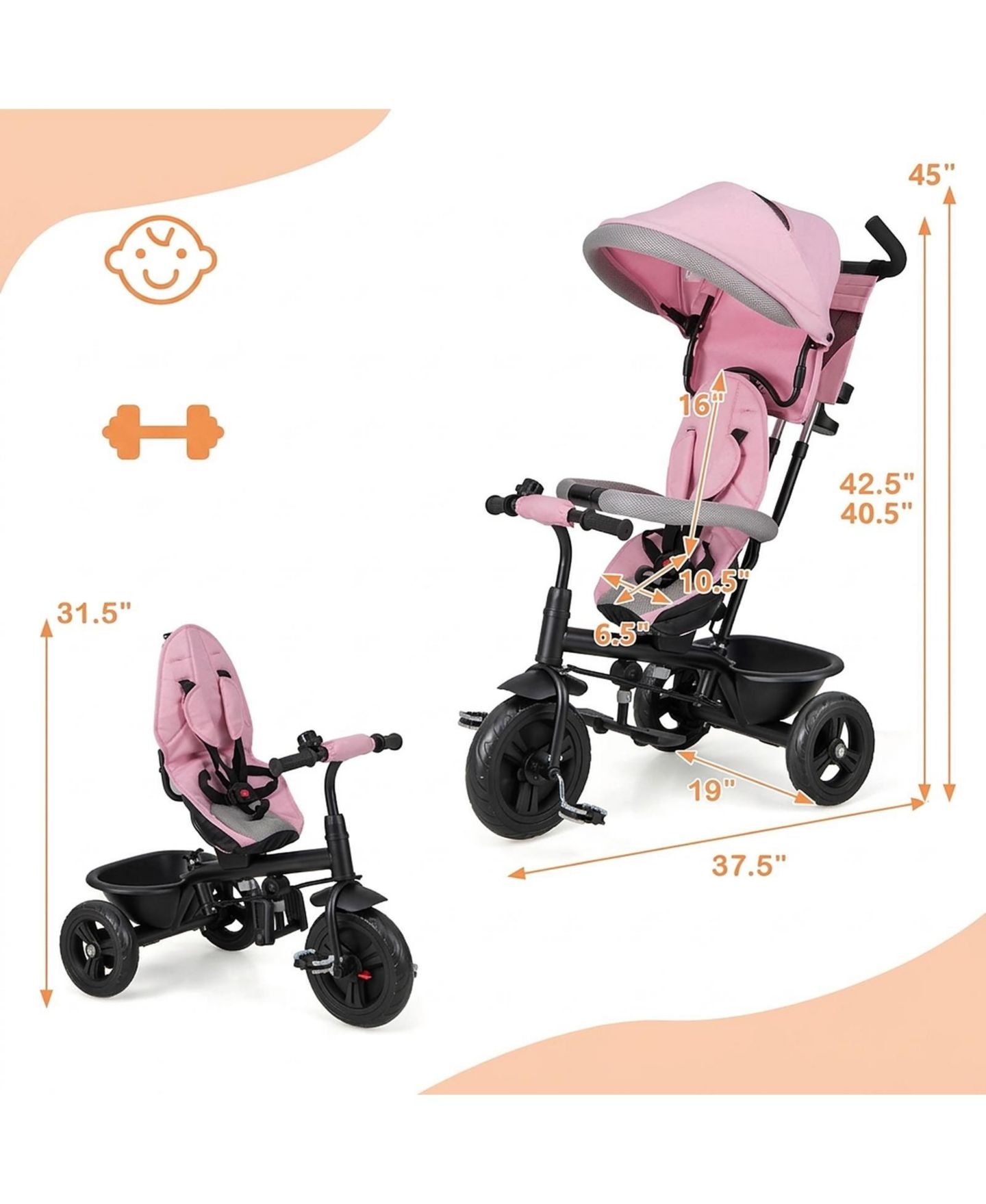 Детская игрушка HONGGE 4-in-1 Baby Trike with Removable Canopy, 55 lb. Capacity, Ages 9 Months-5 Years, цвет: Розовый — фото 3