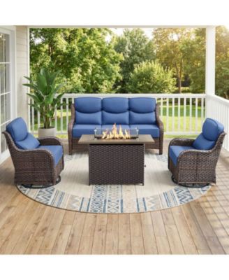 5 - Person Wicker Patio Conversation Set with Fire Pit Table and 6-Inch Luxury Cushions Swivel Chairs, Side Table