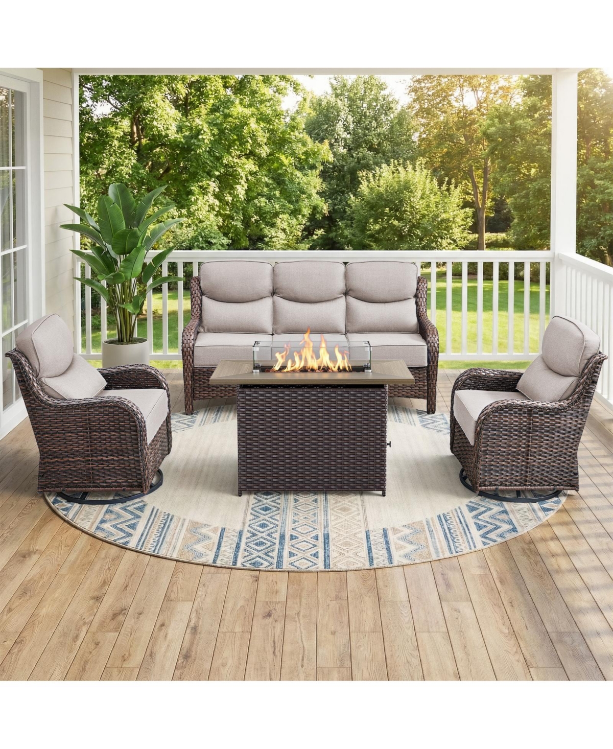 Bellefurn 5 - Person Wicker Patio Conversation Set with Fire Pit Table and 6-Inch Luxury Cushions Swivel Chairs, Side