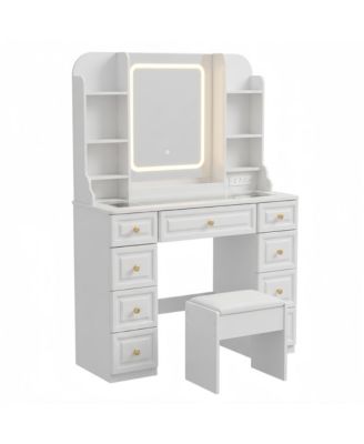 LED Vanity Desk, 9 Drawers, Mirror and Lights, Power Outlet, Generous Storage