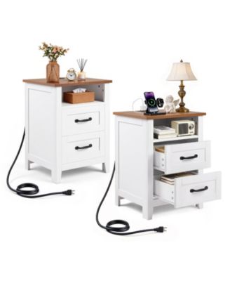 Set of 2 Farmhouse Nightstands with Charging Station 2 Drawers Open Shelf and USB Port for Bedroom
