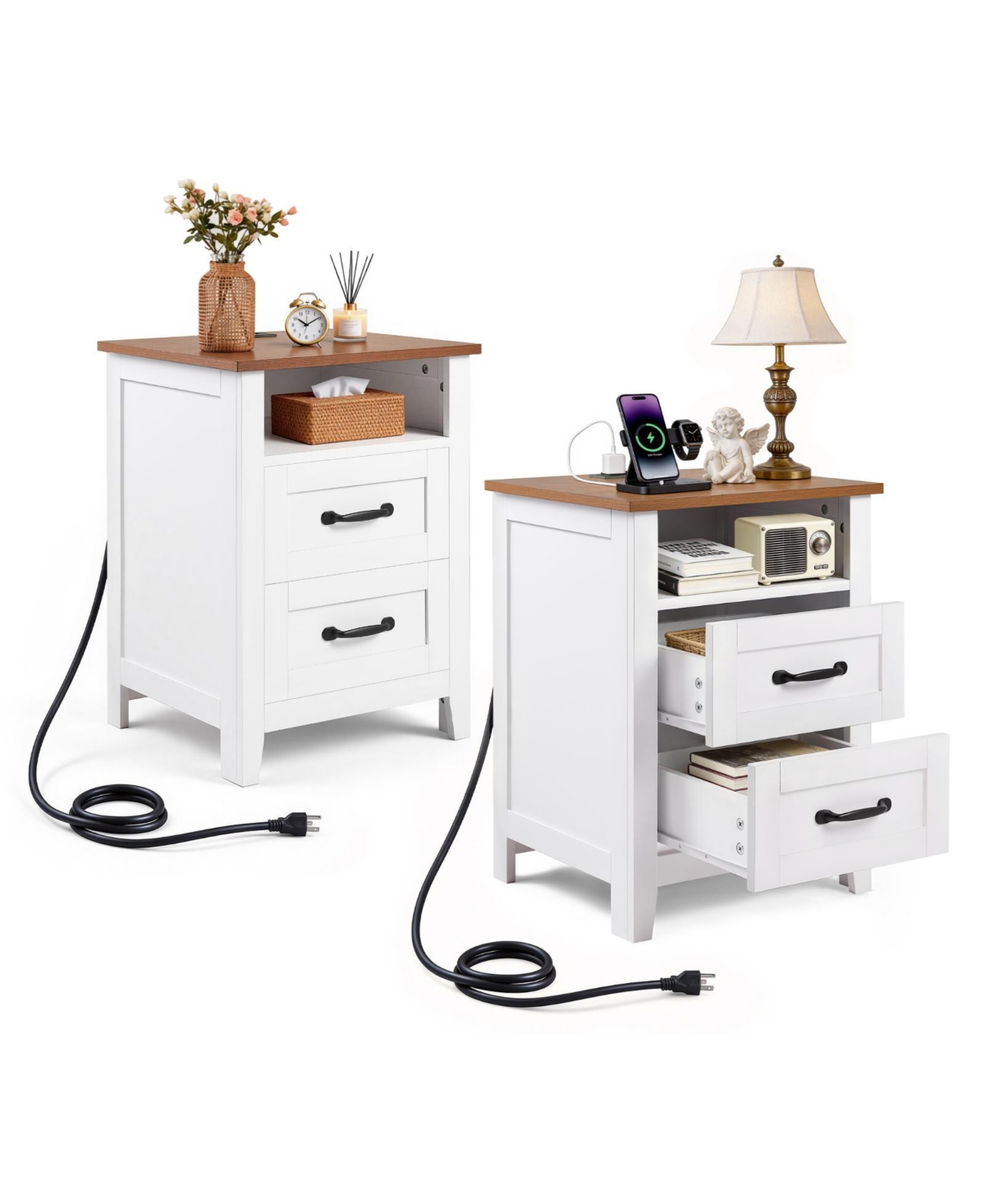 Sugift Set of 2 Farmhouse Nightstands with Charging Station 2 Drawers Open Shelf and Usb Port for Bedroom
